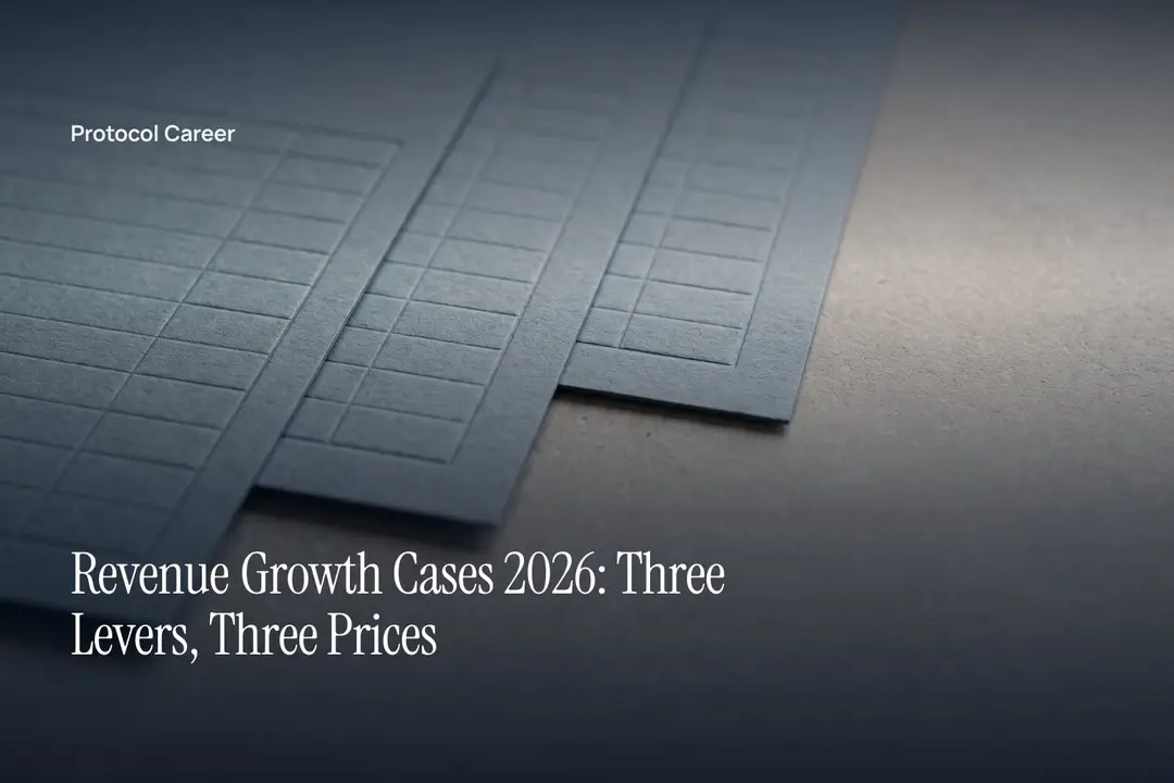 Three textured paper ledger cards with blind-pressed grid lines resting on a soft grey stone surface. Title: “Revenue Growth Cases 2026: Three Levers, Three Prices”, over the Protocol Career wordmark.