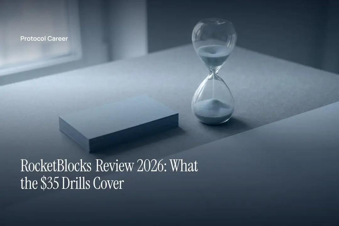 A glass sand timer sits next to a neat stack of blank white cards on a grey desk. Title: “RocketBlocks Review 2026: What the $35 Drills Cover”, over the Protocol Career wordmark.