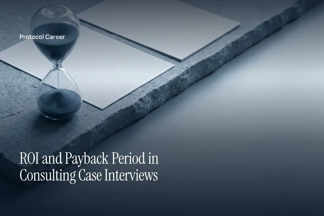 A glass hourglass with dark sand sits beside blank grid sheets on a grey stone surface. Title: “ROI and Payback Period in Consulting Case Interviews”, over the Protocol Career wordmark.