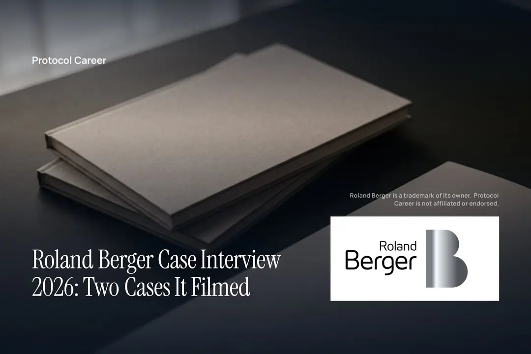 Two blank dark grey card folios lit softly on a smooth, dark surface with empty space. Title: “Roland Berger Case Interview 2026: Two Cases It Filmed”, over the Protocol Career wordmark. Roland Berger logo, lower right.