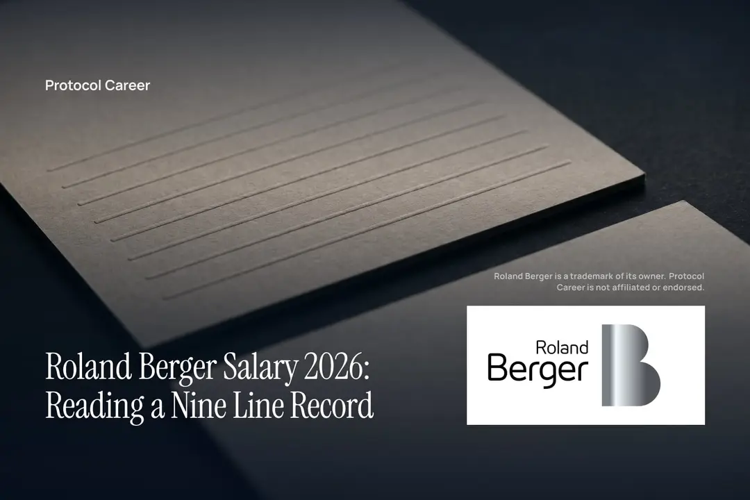 A minimalist warm-grey document with nine blank embossed lines sits on a dark grey surface. Title: “Roland Berger Salary 2026: Reading a Nine Line Record”, over the Protocol Career wordmark. Roland Berger logo, lower right.