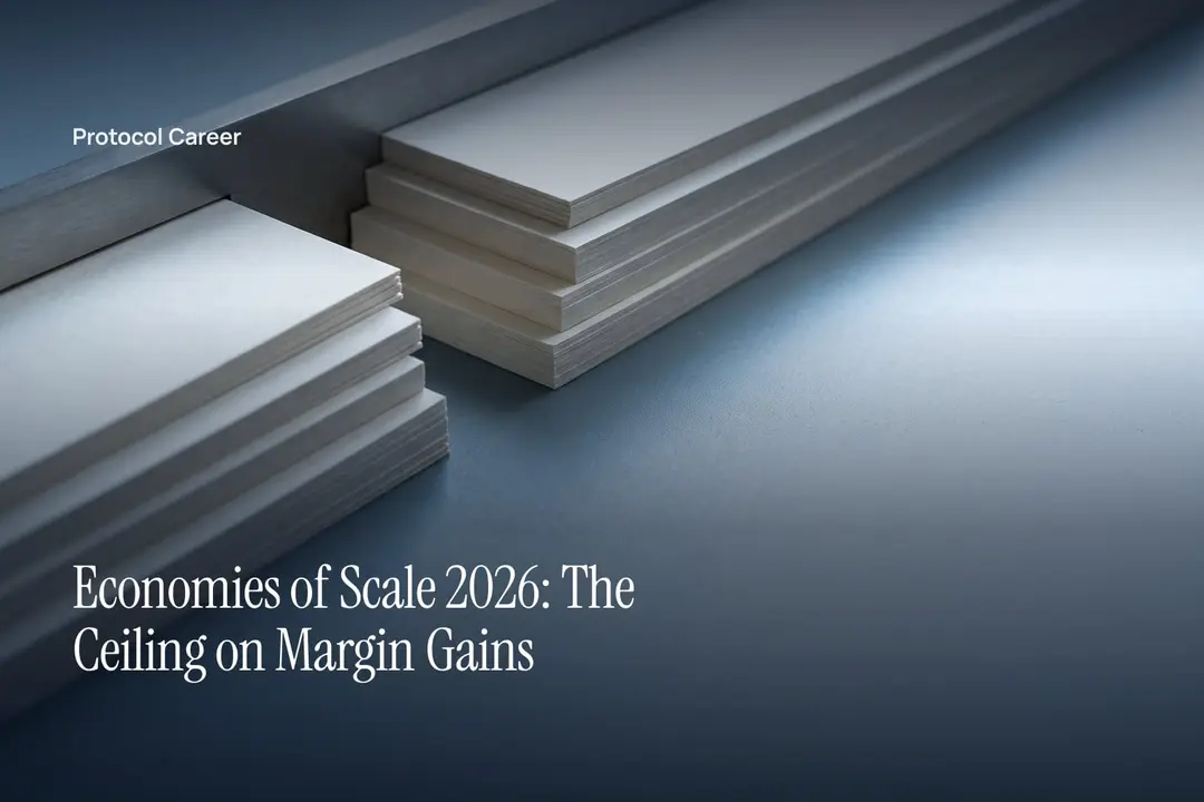 Two stepped stacks of blank cream cardstock illuminated by soft directional light on a pale surface. Title: “Economies of Scale 2026: The Ceiling on Margin Gains”, over the Protocol Career wordmark.