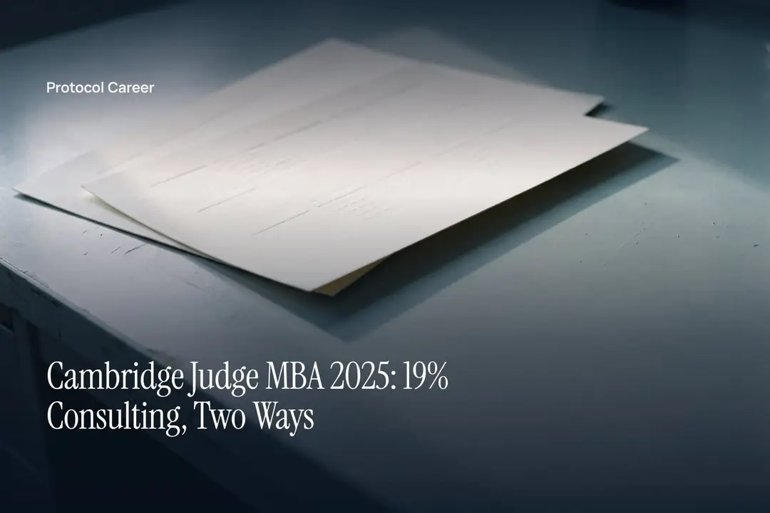 Two cream paper documents with debossed unlabelled grids on a muted grey desk in soft raking light. Title: “Cambridge Judge MBA 2025: 19% Consulting, Two Ways”, over the Protocol Career wordmark.