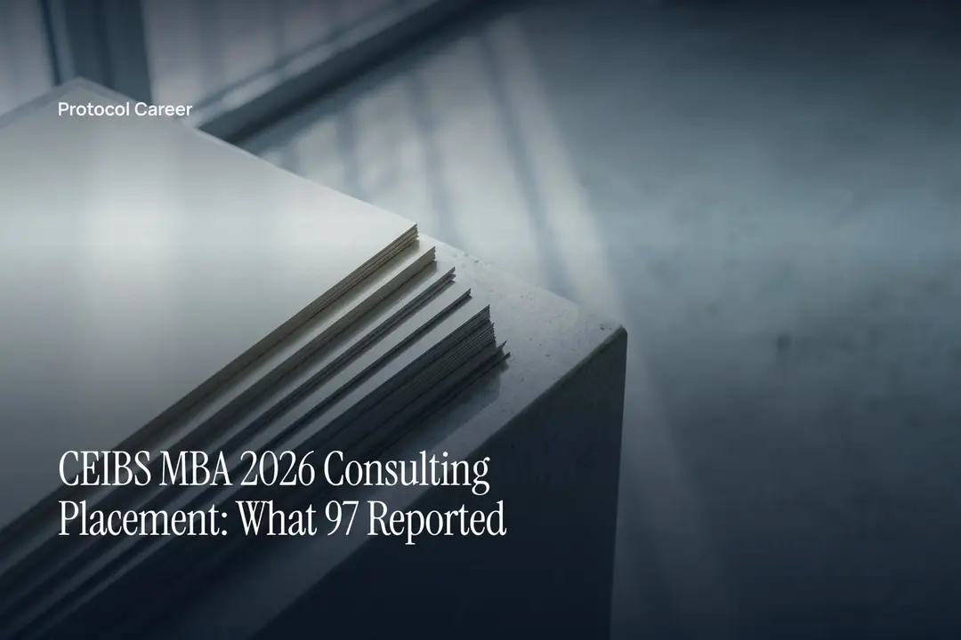 A stepped stack of blank cream cardstock resting on a pale stone surface in soft directional light. Title: “CEIBS MBA 2026 Consulting Placement: What 97 Reported”, over the Protocol Career wordmark.