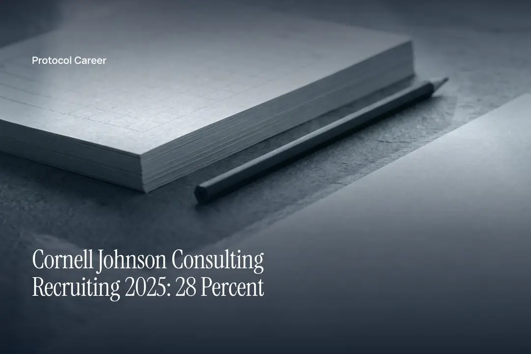 A stack of blank grid scorecards and a pencil rest on a smooth stone surface in directional light. Title: “Cornell Johnson Consulting Recruiting 2025: 28 Percent”, over the Protocol Career wordmark.