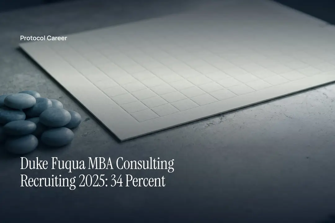 A blank debossed grid paper sits beside small stone tally counters on a limestone surface. Title: “Duke Fuqua MBA Consulting Recruiting 2025: 34 Percent”, over the Protocol Career wordmark.