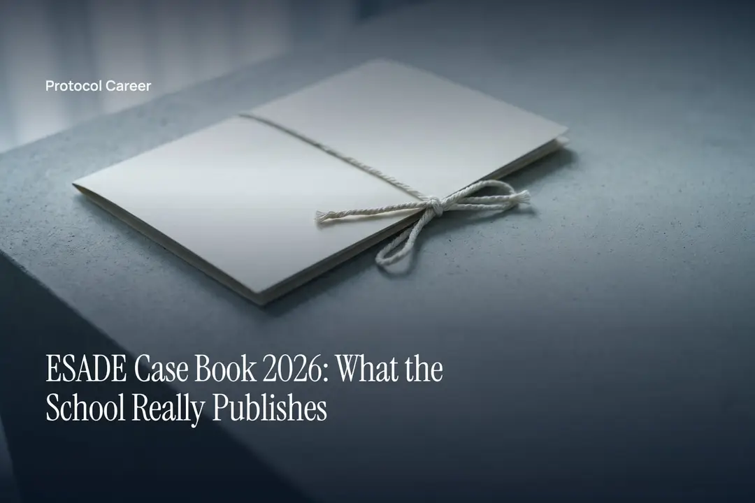 A blank cream cardstock dossier tied with string rests on a soft grey limestone surface in natural light. Title: “ESADE Case Book 2026: What the School Really Publishes”, over the Protocol Career wordmark.