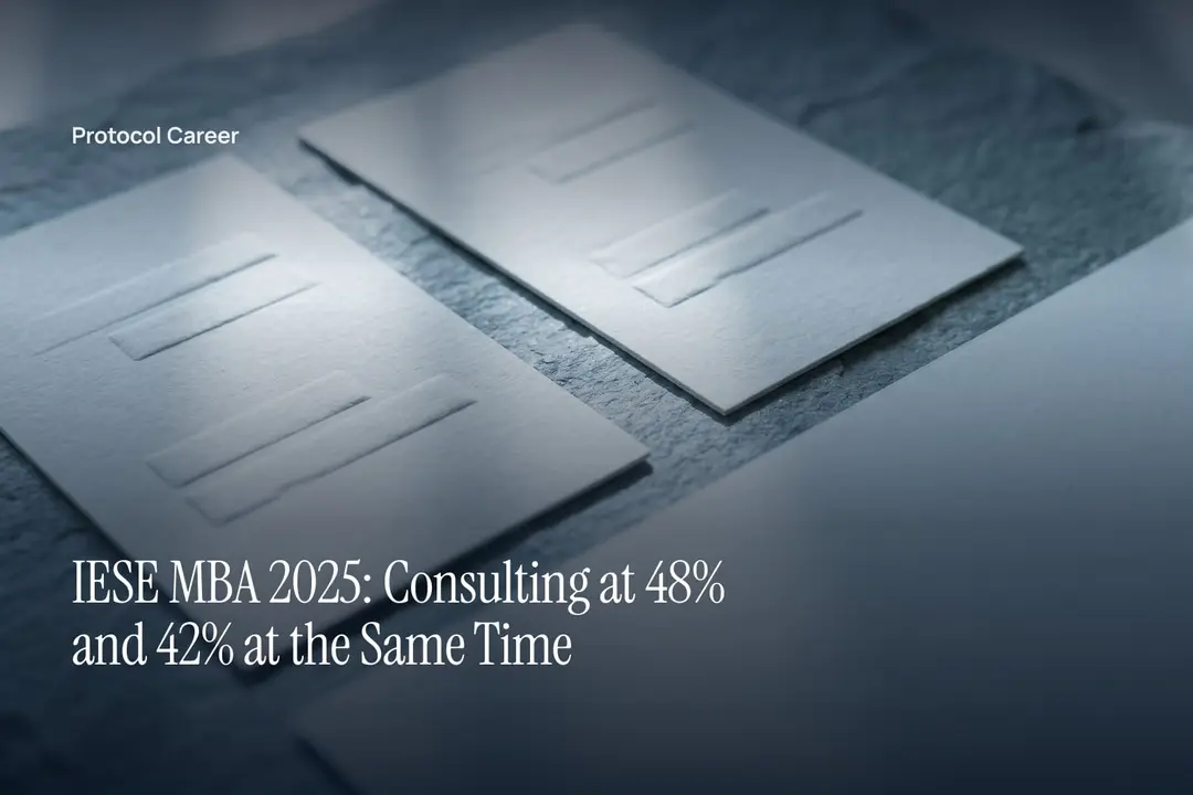 Two textured cream paper cards with blank, unequal debossed bars resting on a smooth stone surface. Title: “IESE MBA 2025: Consulting at 48% and 42% at the Same Time”, over the Protocol Career wordmark.