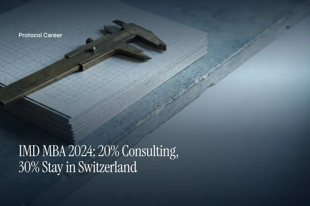 A brass caliper rests atop a stack of blank, grid-textured paper on a neutral stone tabletop. Title: “IMD MBA 2024: 20% Consulting, 30% Stay in Switzerland”, over the Protocol Career wordmark.