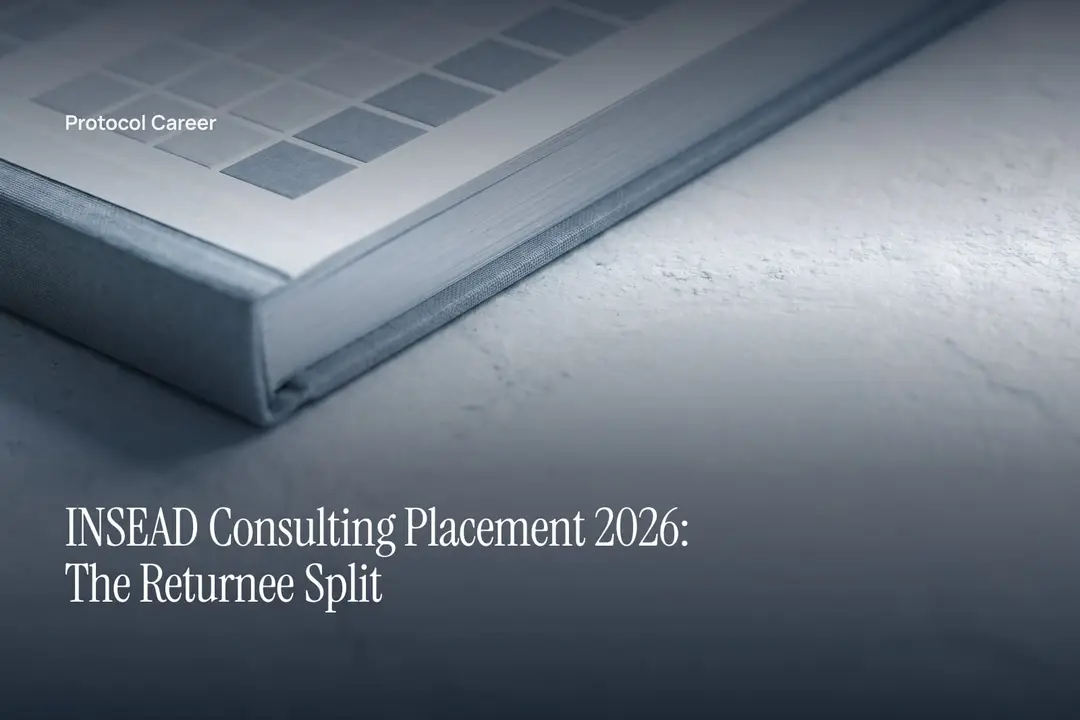 An embossed grid sheet with two-tone blocks sits on a minimalist matte stone surface in soft light. Title: “INSEAD Consulting Placement 2026: The Returnee Split”, over the Protocol Career wordmark.