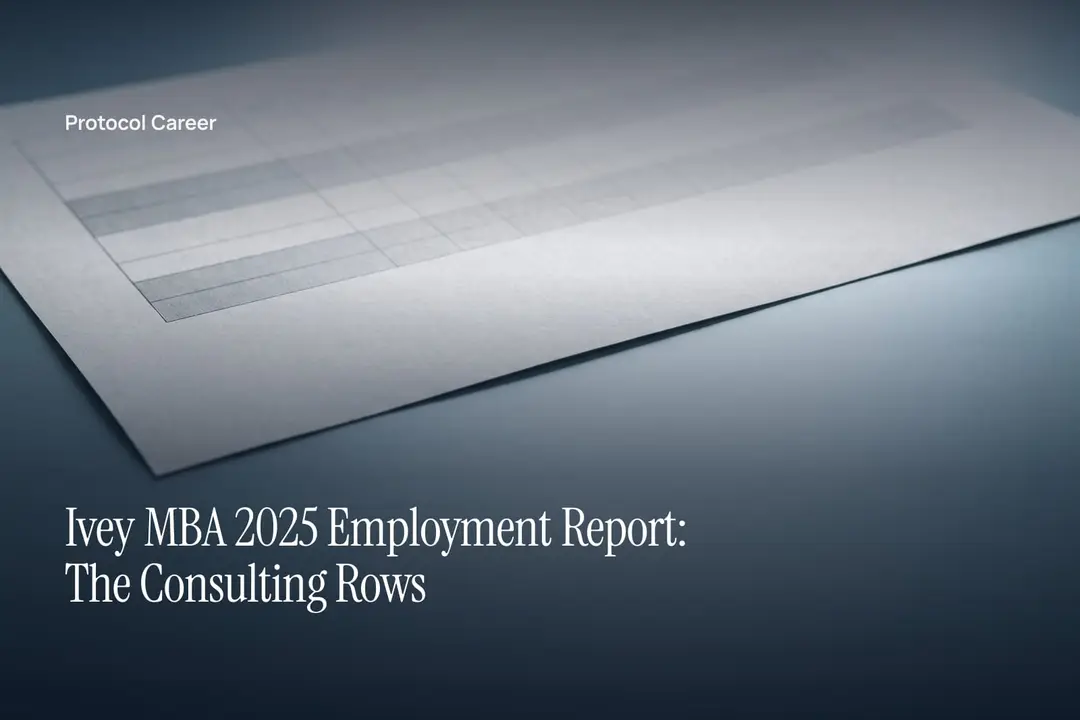 A blank paper statistical table with four shaded rows rests on a plain grey surface. Title: “Ivey MBA 2025 Employment Report: The Consulting Rows”, over the Protocol Career wordmark.