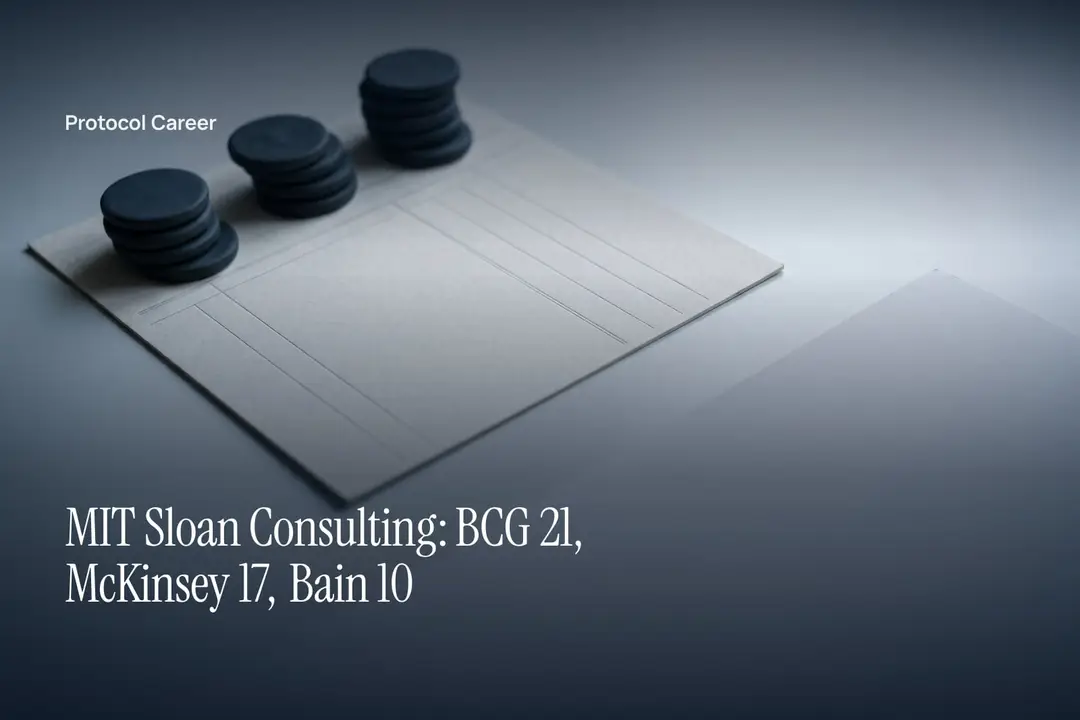 A debossed paper tally grid with small dark counting tokens arranged on a pale gray surface. Title: “MIT Sloan Consulting: BCG 21, McKinsey 17, Bain 10”, over the Protocol Career wordmark.