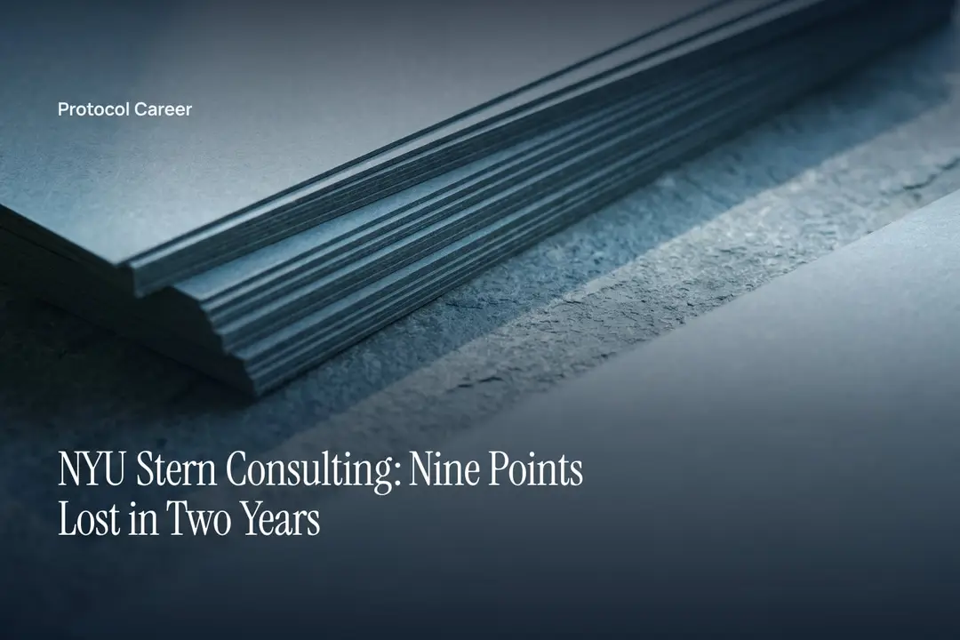 A neat, stepped stack of thick grey paper resting on a plain stone surface in soft light. Title: “NYU Stern Consulting: Nine Points Lost in Two Years”, over the Protocol Career wordmark.