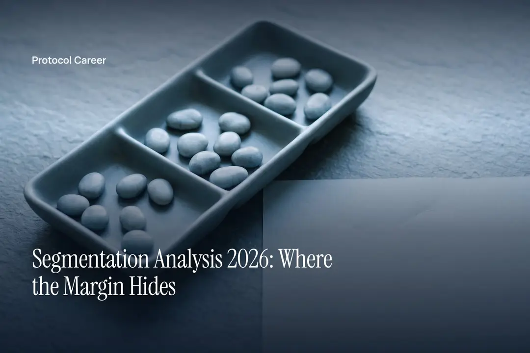 A divided matte tray holds small ceramic counters in three sections on a clean slate background. Title: “Segmentation Analysis 2026: Where the Margin Hides”, over the Protocol Career wordmark.