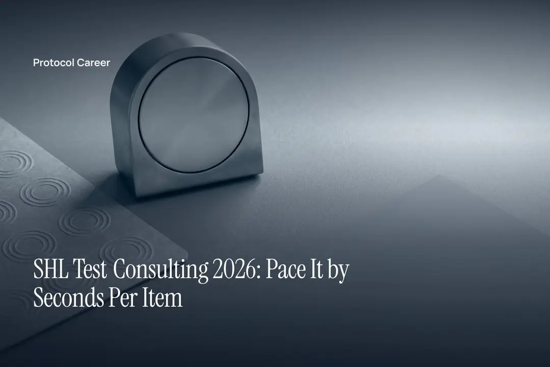 A blank-faced steel timer rests beside a grid of embossed circles on a neutral grey surface. Title: “SHL Test Consulting 2026: Pace It by Seconds Per Item”, over the Protocol Career wordmark.