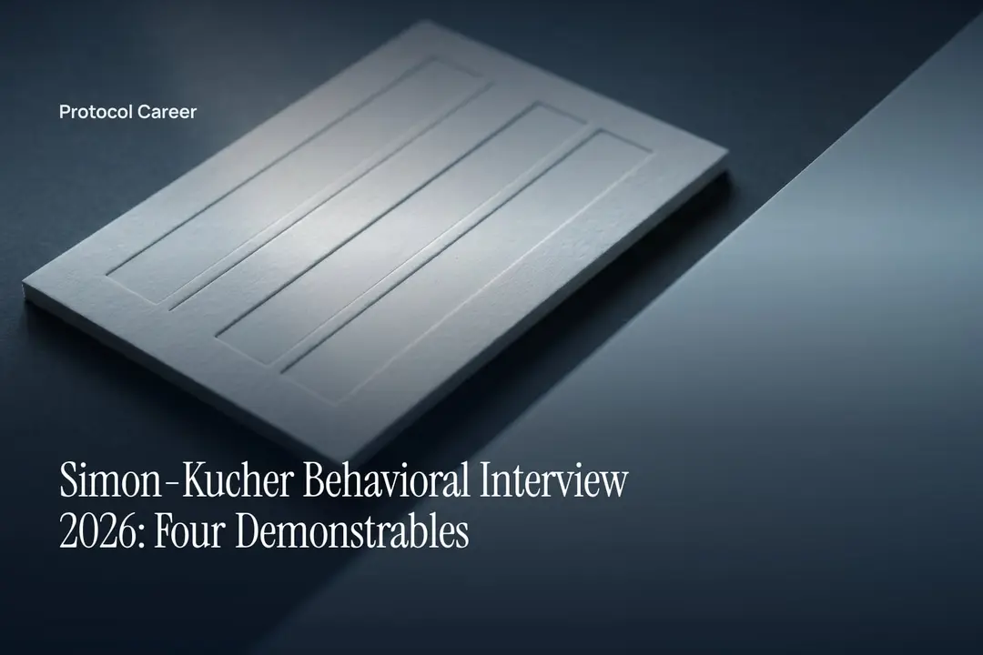 A blank, blind-debossed paper rubric with four columns rests under soft light on a grey surface. Title: “Simon-Kucher Behavioral Interview 2026: Four Demonstrables”, over the Protocol Career wordmark.