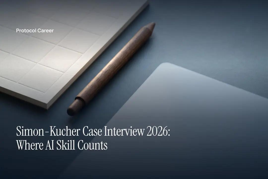 An embossed blank grid sheet and wooden stylus resting on a matte slate desk in soft light. Title: “Simon-Kucher Case Interview 2026: Where AI Skill Counts”, over the Protocol Career wordmark.