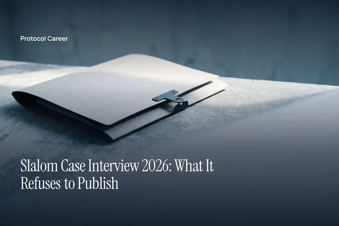 A closed, blank paper folder clipped shut on a smooth grey surface under soft side light. Title: “Slalom Case Interview 2026: What It Refuses to Publish”, over the Protocol Career wordmark.
