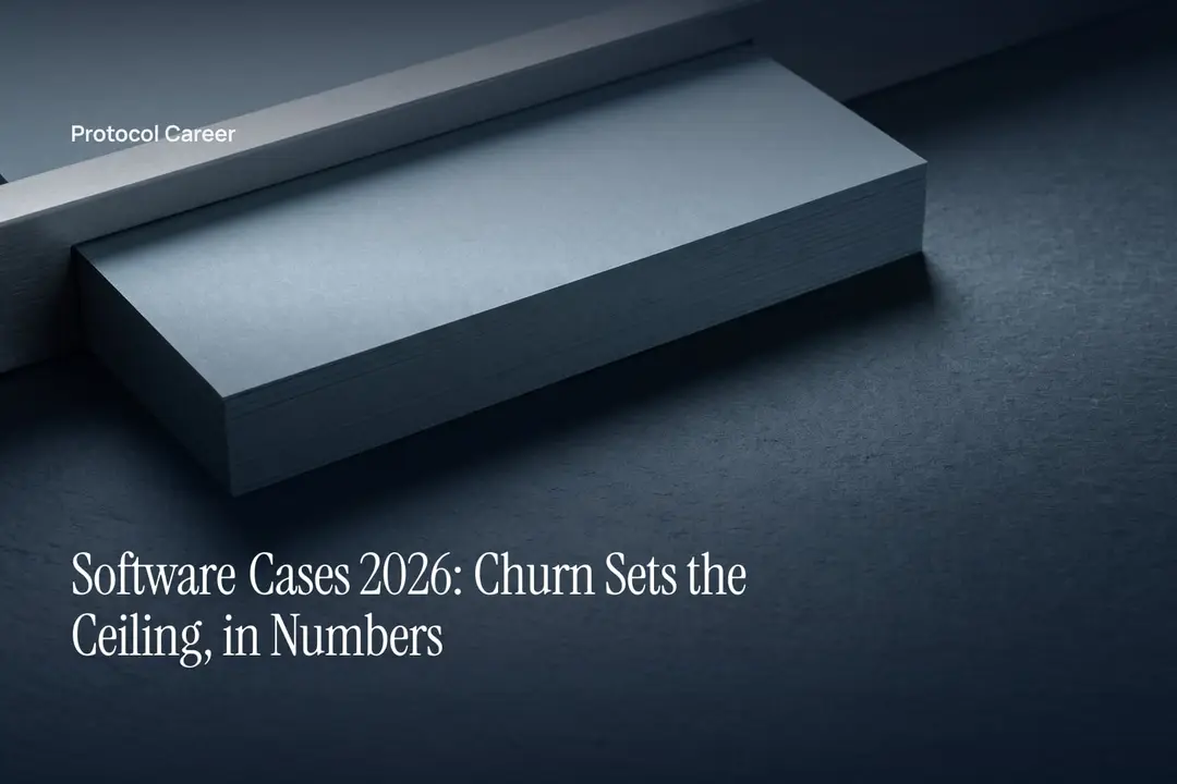 A tall, neat stack of blank cards stopped by a horizontal steel bar on a dark slate surface. Title: “Software Cases 2026: Churn Sets the Ceiling, in Numbers”, over the Protocol Career wordmark.