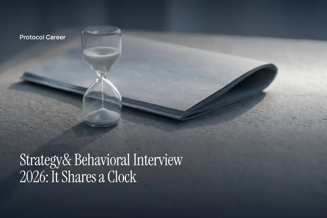 A minimalist glass sand timer rests beside a folded grey folder on a neutral matte stone surface. Title: “Strategy& Behavioral Interview 2026: It Shares a Clock”, over the Protocol Career wordmark.