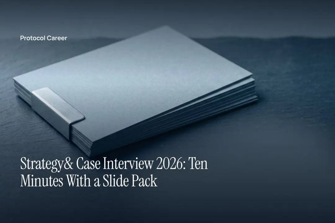A bound stack of blank landscape presentation papers resting on a dark, minimalist tabletop. Title: “Strategy& Case Interview 2026: Ten Minutes With a Slide Pack”, over the Protocol Career wordmark.