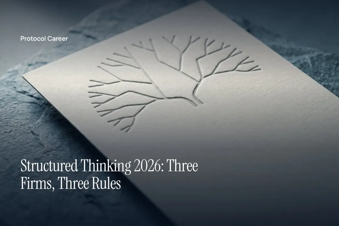 A minimalist off-white card with debossed branching lines rests on a smooth grey surface. Title: “Structured Thinking 2026: Three Firms, Three Rules”, over the Protocol Career wordmark.