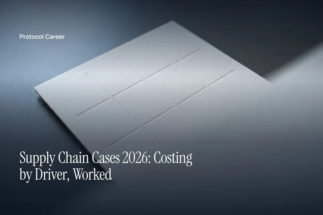A blank, debossed four-column grid sheet lying on a smooth matte surface under soft morning light. Title: “Supply Chain Cases 2026: Costing by Driver, Worked”, over the Protocol Career wordmark.