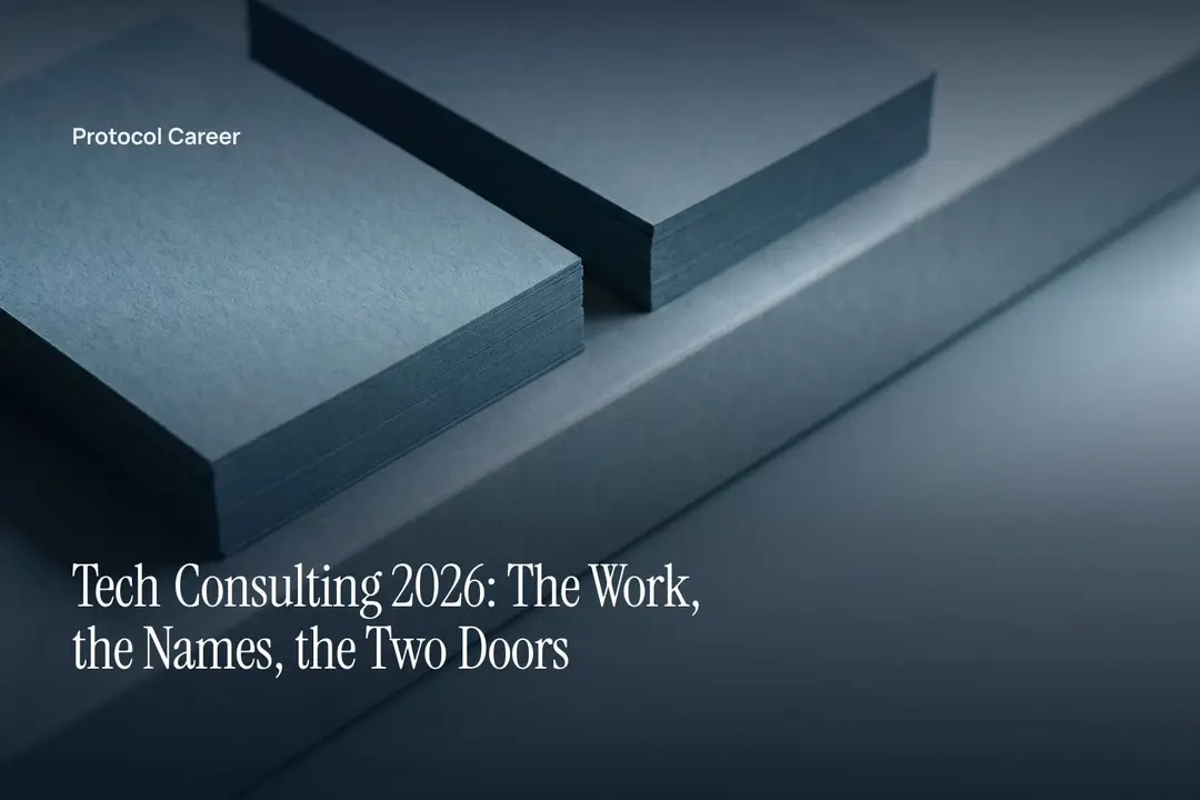 Two stacks of blank heavy paper sit side by side on a plain grey surface under soft side lighting. Title: “Tech Consulting 2026: The Work, the Names, the Two Doors”, over the Protocol Career wordmark.