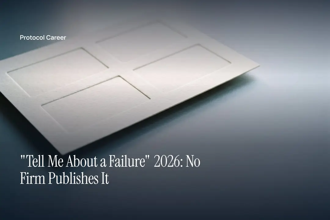 A minimalist ivory card featuring four blank debossed frames lies on a smooth grey surface in soft light. Title: “"Tell Me About a Failure" 2026: No Firm Publishes It”, over the Protocol Career wordmark.