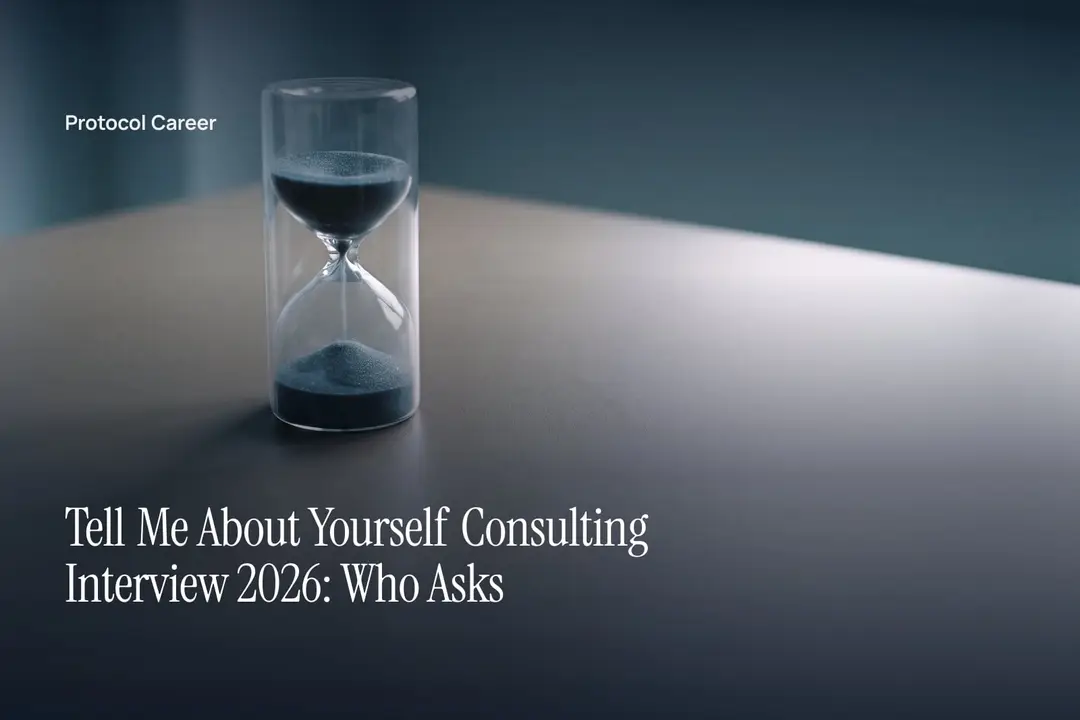A sleek glass sand timer with grey sand resting on an empty neutral surface in soft light. Title: “Tell Me About Yourself Consulting Interview 2026: Who Asks”, over the Protocol Career wordmark.
