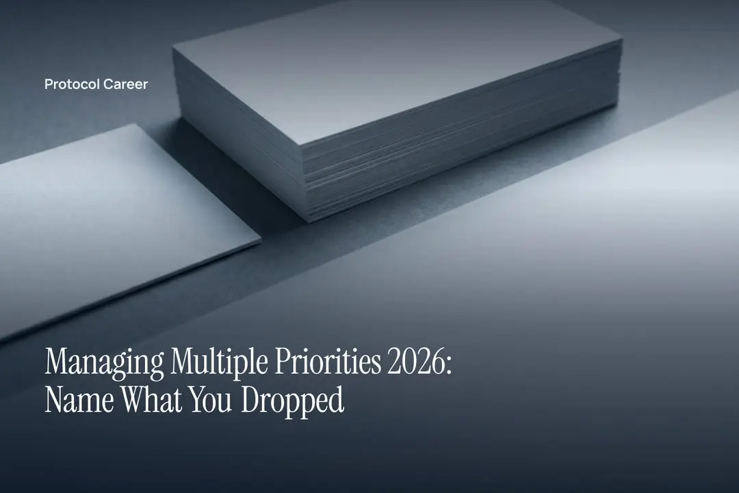 A neat stack of blank off-white cards sits beside one separated card on a smooth grey surface. Title: “Managing Multiple Priorities 2026: Name What You Dropped”, over the Protocol Career wordmark.