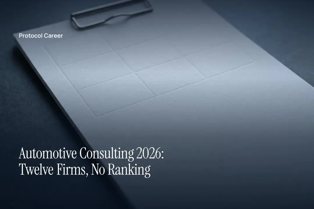A minimalist unlabelled comparative table on textured paper resting on a plain grey surface. Title: “Automotive Consulting 2026: Twelve Firms, No Ranking”, over the Protocol Career wordmark.