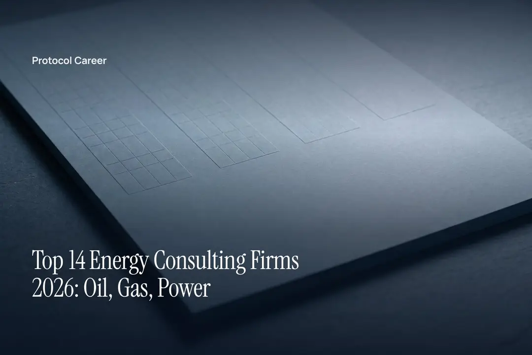 A blank, debossed grid chart on heavy cardstock resting on a neutral stone tabletop under soft light. Title: “Top 14 Energy Consulting Firms 2026: Oil, Gas, Power”, over the Protocol Career wordmark.