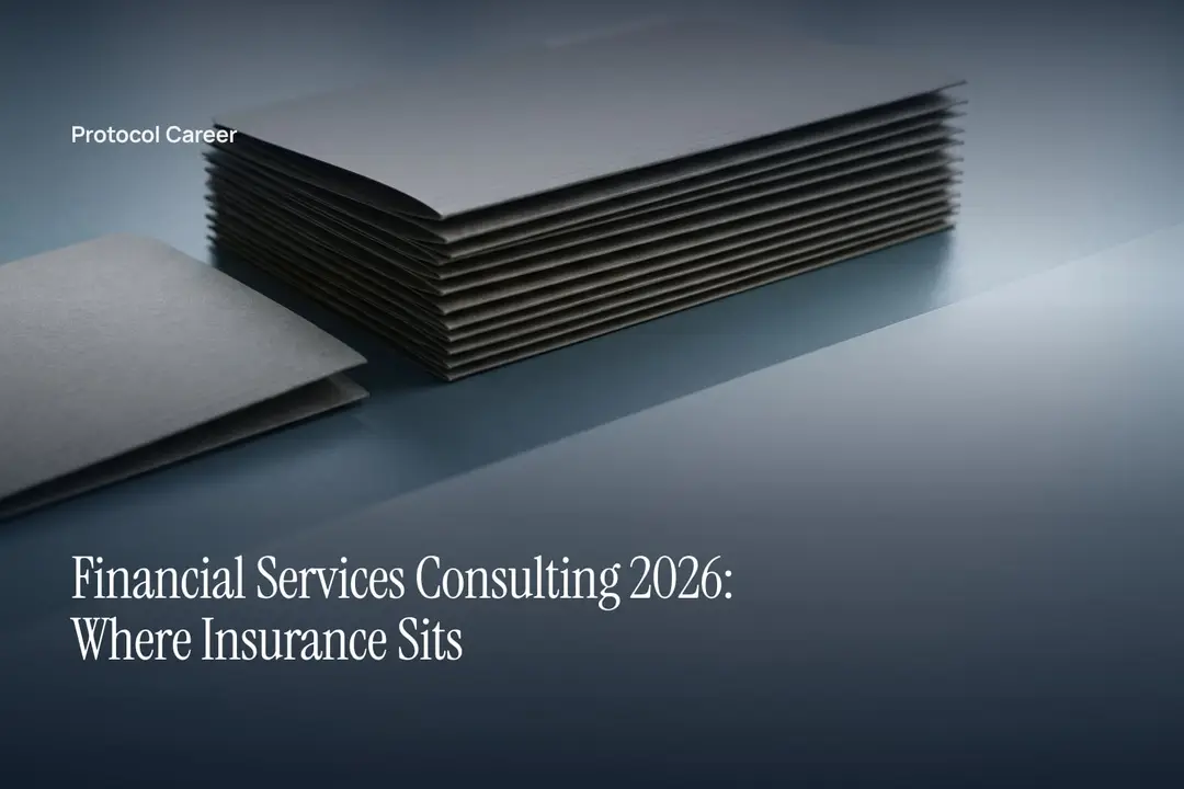 A stack of blank, tabbed cardstock folders on a gray surface with one folder pulled aside. Title: “Financial Services Consulting 2026: Where Insurance Sits”, over the Protocol Career wordmark.