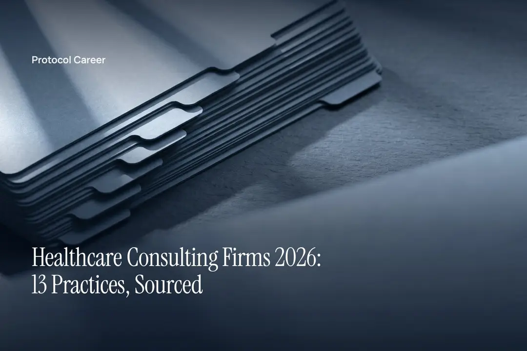 Thirteen blank neutral cardstock tab dividers arranged cleanly on a dark slate surface under soft light. Title: “Healthcare Consulting Firms 2026: 13 Practices, Sourced”, over the Protocol Career wordmark.