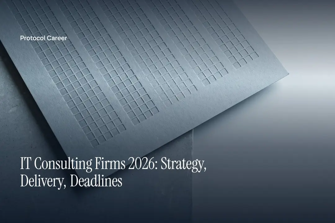 A blank grid-embossed heavy paper sheet sits in soft directional light on a pale stone surface. Title: “IT Consulting Firms 2026: Strategy, Delivery, Deadlines”, over the Protocol Career wordmark.