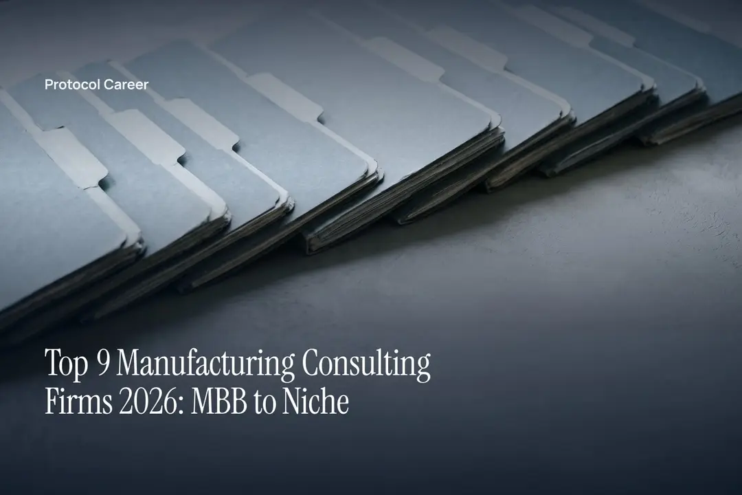 Nine blank tabbed folders neatly aligned on a smooth gray surface in soft directional light. Title: “Top 9 Manufacturing Consulting Firms 2026: MBB to Niche”, over the Protocol Career wordmark.