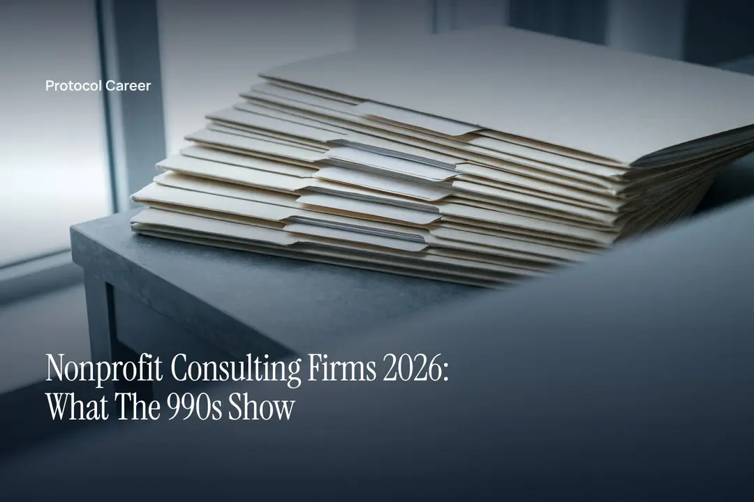 A neat, offset stack of nine blank cream folders rests on a smooth gray surface in soft light. Title: “Nonprofit Consulting Firms 2026: What The 990s Show”, over the Protocol Career wordmark.