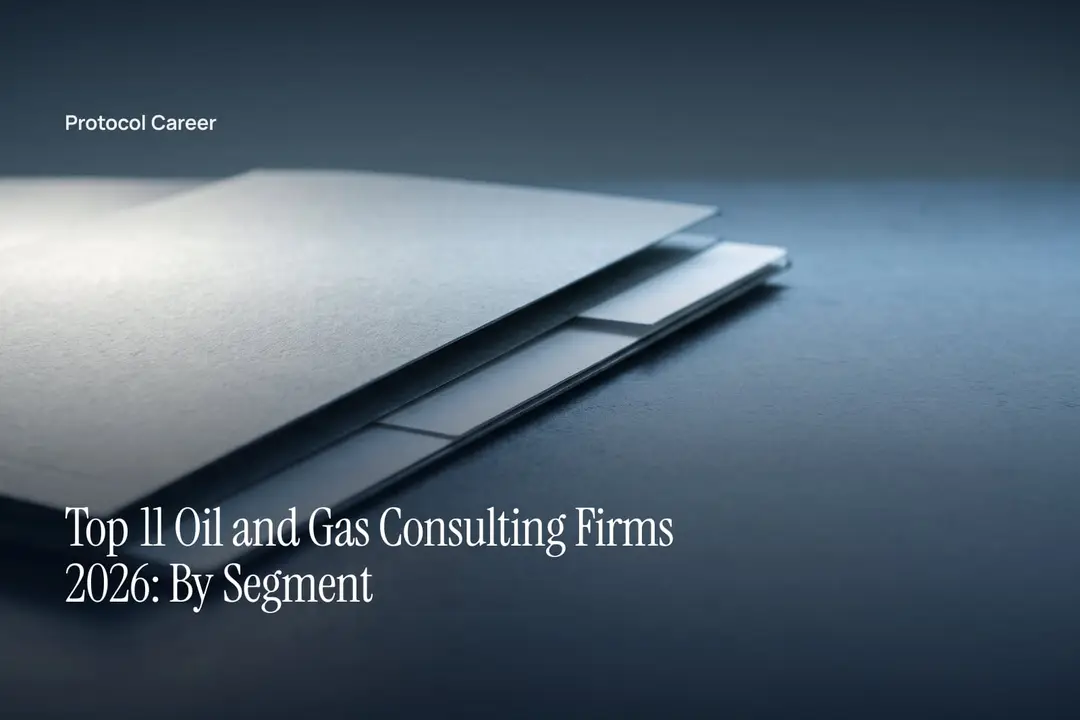 A blank three-column cardstock document resting diagonally on a plain slate surface under soft daylight. Title: “Top 11 Oil and Gas Consulting Firms 2026: By Segment”, over the Protocol Career wordmark.