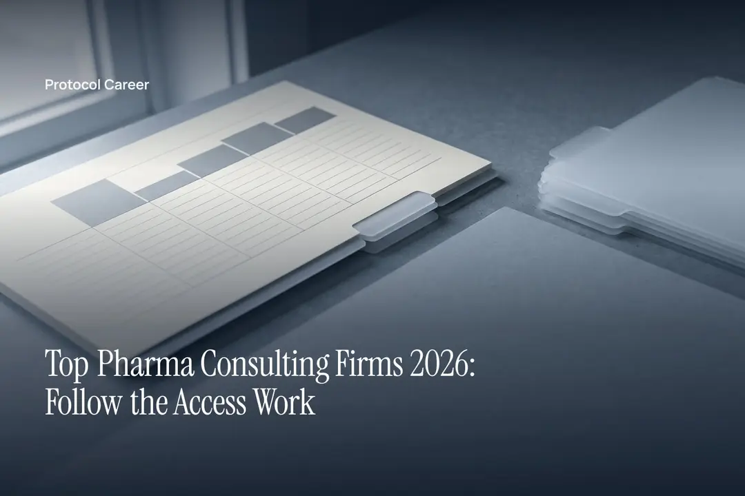 A printed matrix document and frosted tab dividers lie on a matte stone surface in soft light. Title: “Top Pharma Consulting Firms 2026: Follow the Access Work”, over the Protocol Career wordmark.