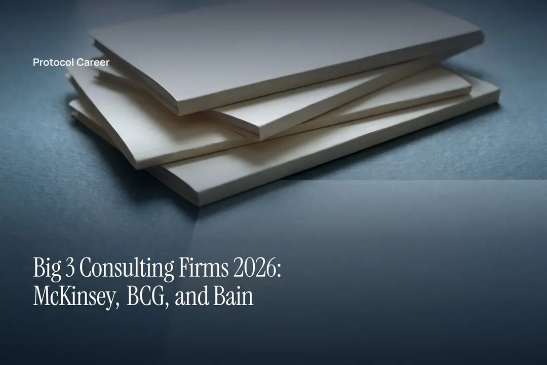 Three plain cream dossier folders arranged on a grey tabletop with open space on the right. Title: “Big 3 Consulting Firms 2026: McKinsey, BCG, and Bain”, over the Protocol Career wordmark.