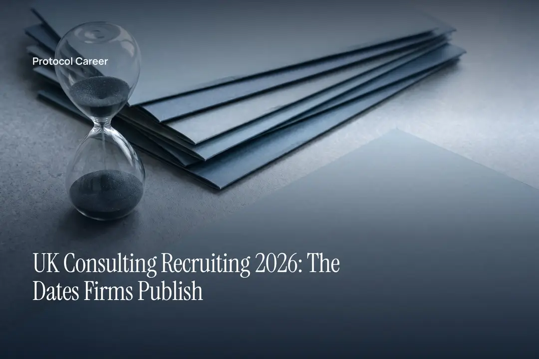 A glass sand timer sits beside tiered blank folders on a smooth, empty stone surface. Title: “UK Consulting Recruiting 2026: The Dates Firms Publish”, over the Protocol Career wordmark.