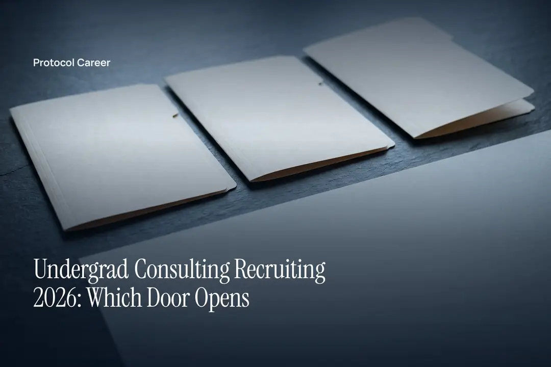 Three plain file folders sit on a dark slate surface, with one propped slightly open. Title: “Undergrad Consulting Recruiting 2026: Which Door Opens”, over the Protocol Career wordmark.