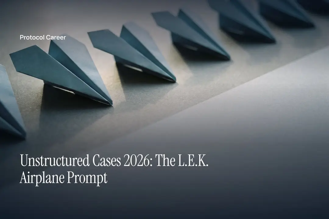 Small white folded paper airplanes cast soft shadows in a row on a smooth grey surface. Title: “Unstructured Cases 2026: The L.E.K. Airplane Prompt”, over the Protocol Career wordmark.