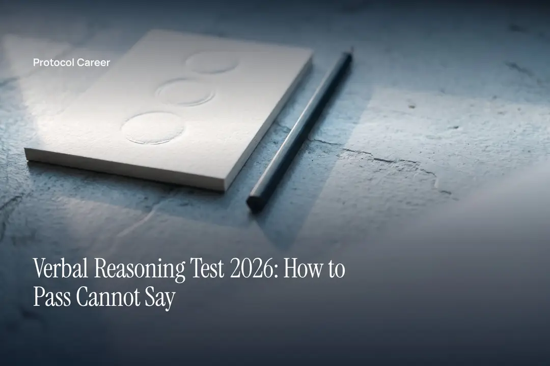 An off-white card with three blank debossed answer bubbles rests beside a graphite pencil on stone. Title: “Verbal Reasoning Test 2026: How to Pass Cannot Say”, over the Protocol Career wordmark.