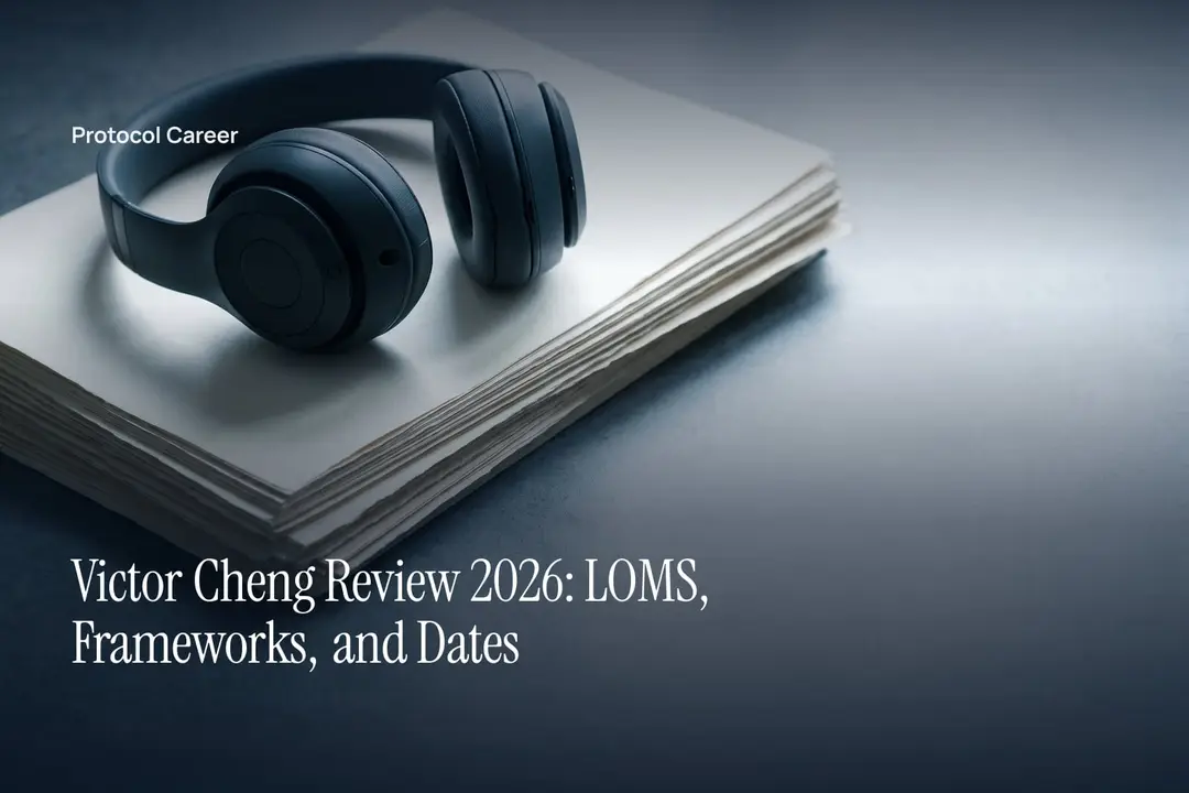 A pair of matte headphones rests on a neat stack of blank paper beside open desk space. Title: “Victor Cheng Review 2026: LOMS, Frameworks, and Dates”, over the Protocol Career wordmark.