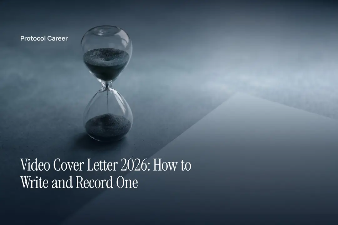 A minimalist glass sand timer filled with dark sand sits on a smooth gray surface. Title: “Video Cover Letter 2026: How to Write and Record One”, over the Protocol Career wordmark.