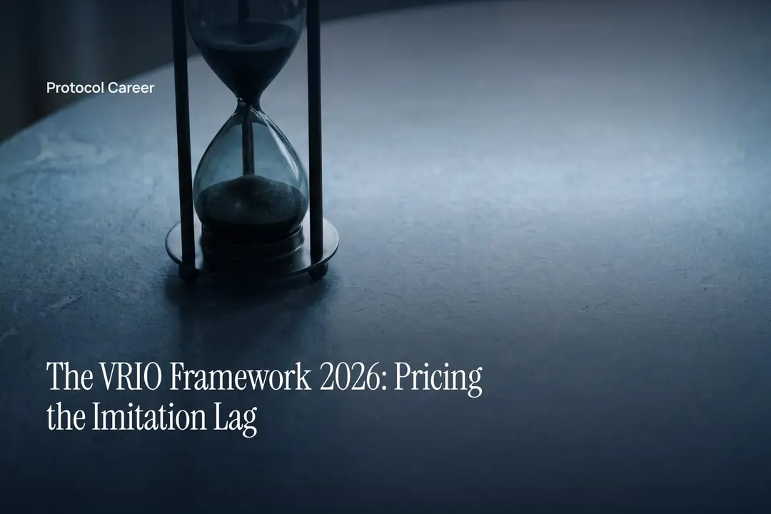 A sleek glass hourglass with dark sand stands on a smooth stone surface under soft side lighting. Title: “The VRIO Framework 2026: Pricing the Imitation Lag”, over the Protocol Career wordmark.