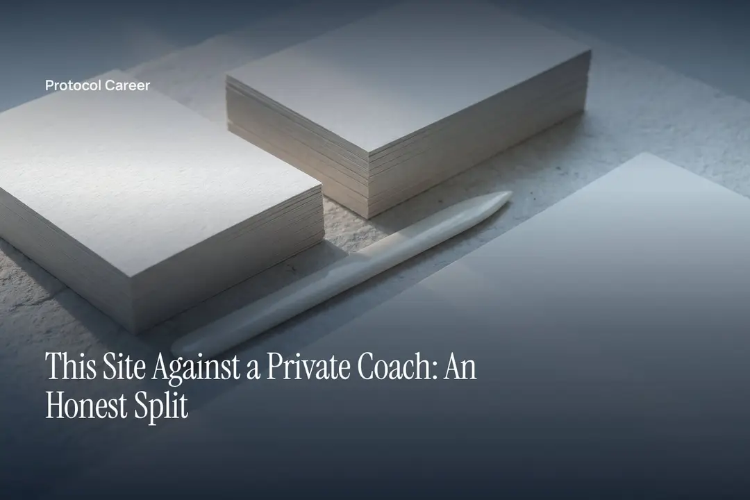 Two neat, unequal stacks of thick cream paper resting on a softly lit neutral stone surface. Title: “This Site Against a Private Coach: An Honest Split”, over the Protocol Career wordmark.