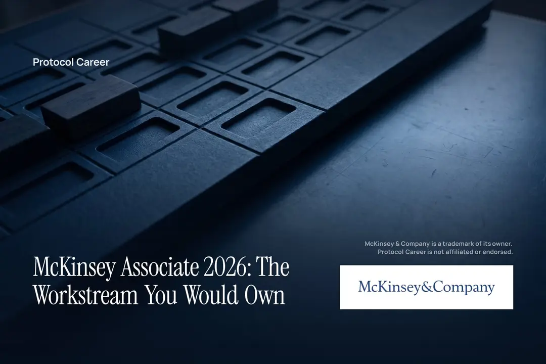 A minimalist navy grid of blank geometric blocks sits under soft light on a matte surface. Title: “McKinsey Associate 2026: The Workstream You Would Own”, over the Protocol Career wordmark. McKinsey & Company logo, lower right.